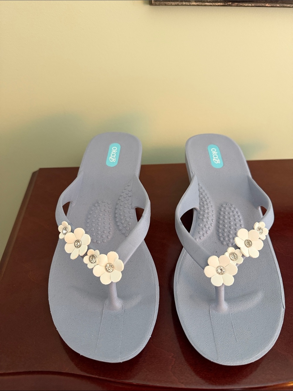 OKA b. Light Blue Floral Thong Sandals with White Flower Accents, Never Worn, M